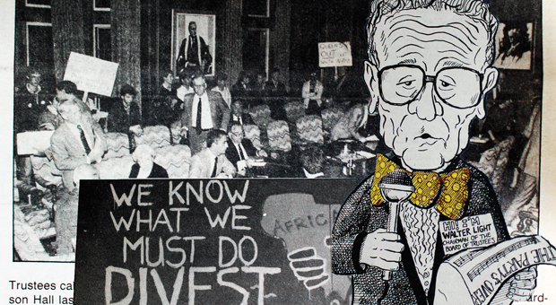 A sign with the words "We know what we must do - Divest", and a caricature of the Queen's University Chairman of the Board of Trustees.